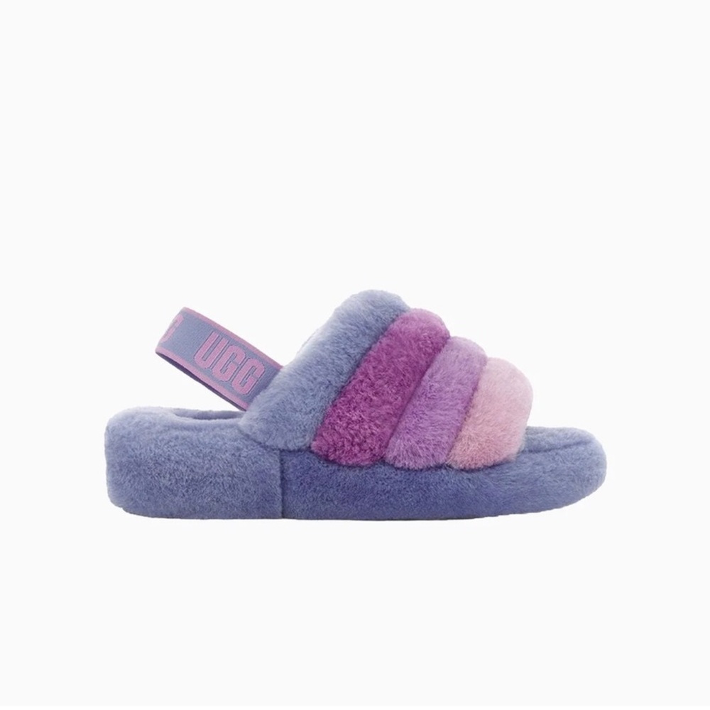 Plush pink and purple fuzzy Ugg slippers